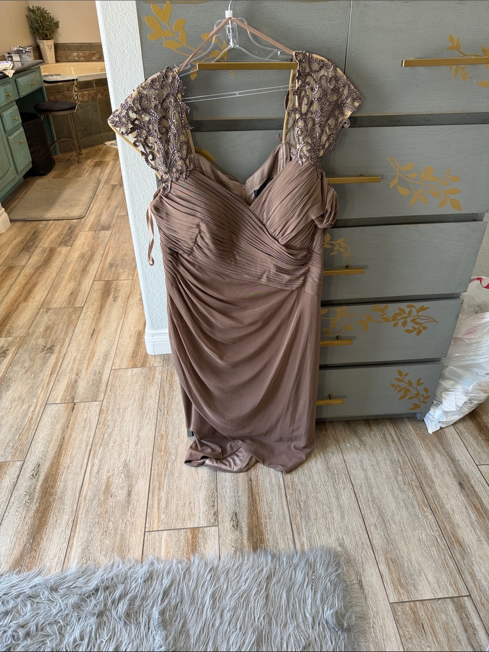 La Femme Taupe Beaded Cap Sleeve Evening Gown